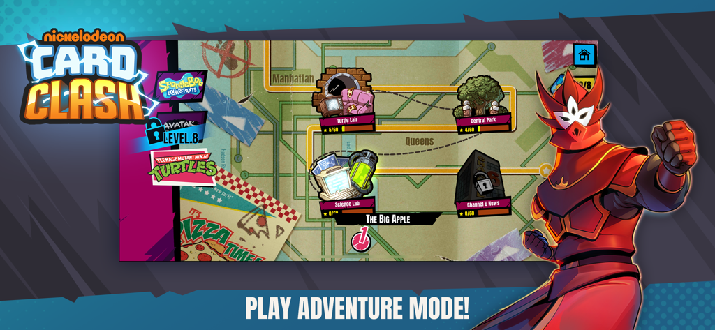 Nickelodeon Card Clash - A game map screen for Nickelodeon Card Clash showing adventure mode locations like the Turtle Lair in The Big Apple.