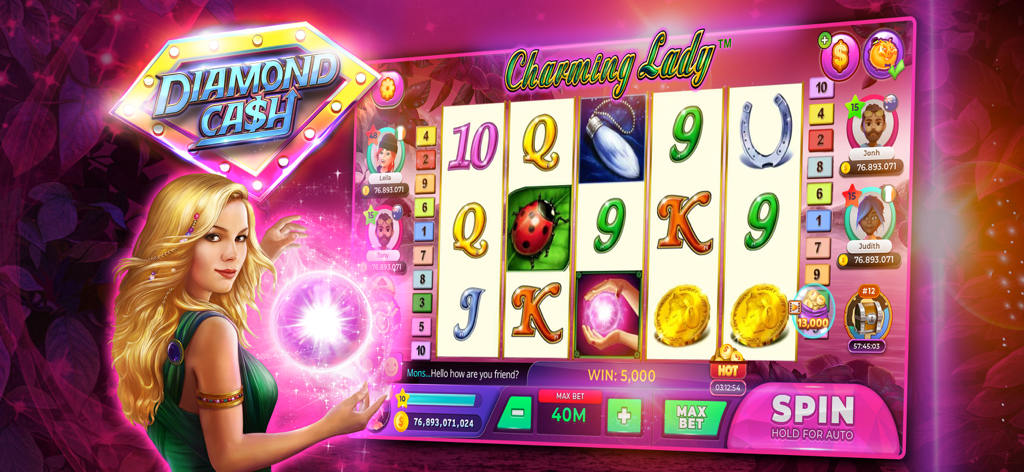 Jugabilidad de la máquina tragamonedas Charming Lady en la aplicación Diamond Cash Slots 777 Casino