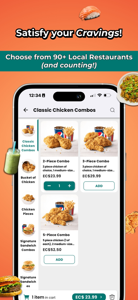 AllMart app displaying a restaurant menu for fried chicken combos and meal deals