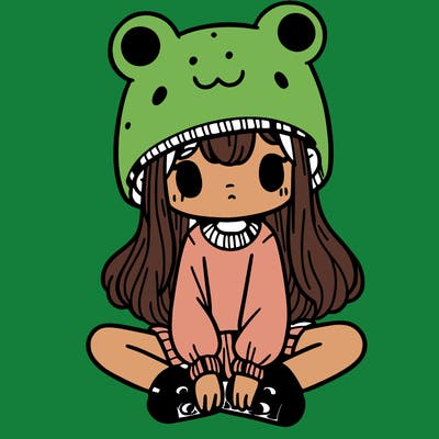 a girl wearing a frog hat and some frog socks