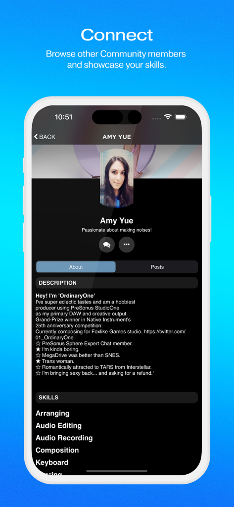 MyPreSonus - メンバー情報、経歴、リストされたオーディオ制作スキルを表示するMyPreSonusアプリのユーザープロファイル画面
