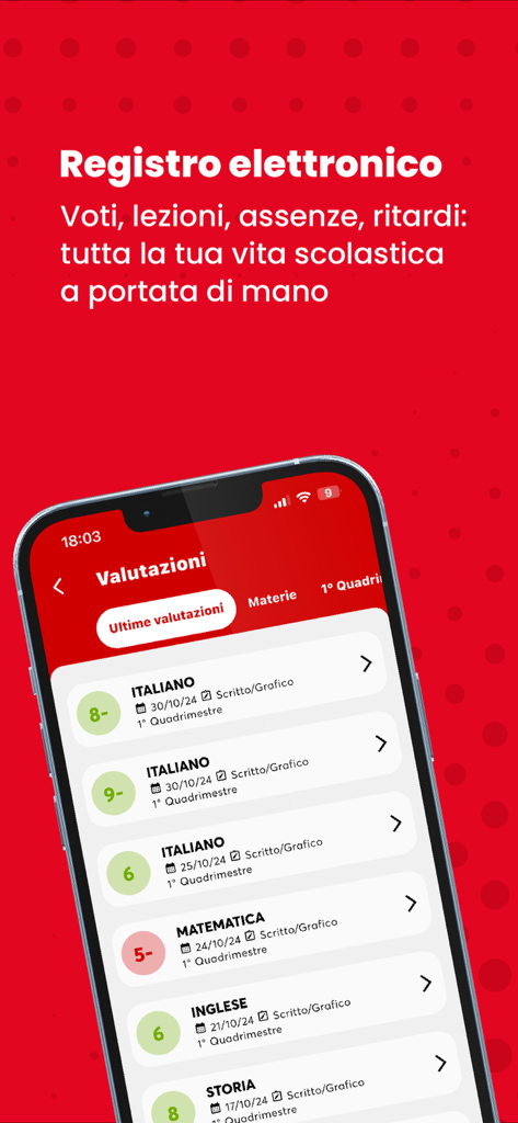 Interfaz de la aplicación ClasseViva Famiglia que muestra las calificaciones y evaluaciones de materias de un estudiante en un iPhone.