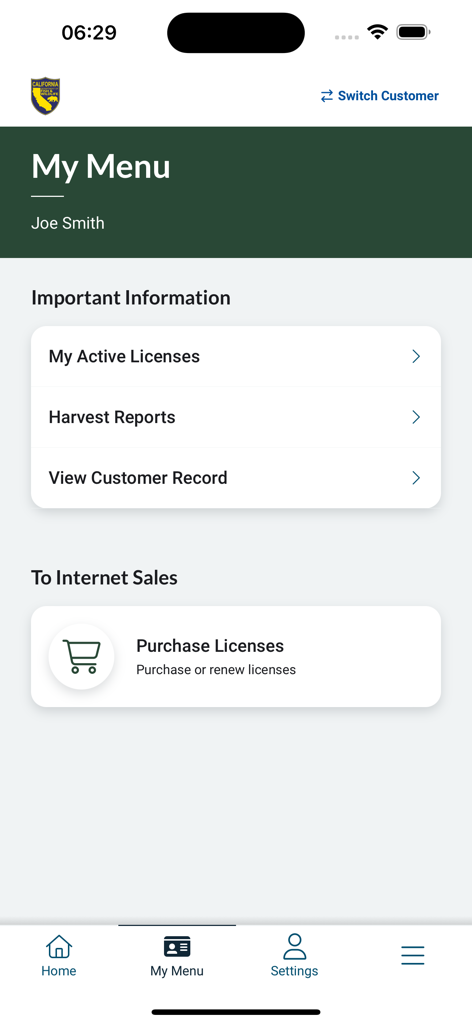 Screenshot of the CDFW License app My Menu screen showing active licenses harvest reports and purchase options