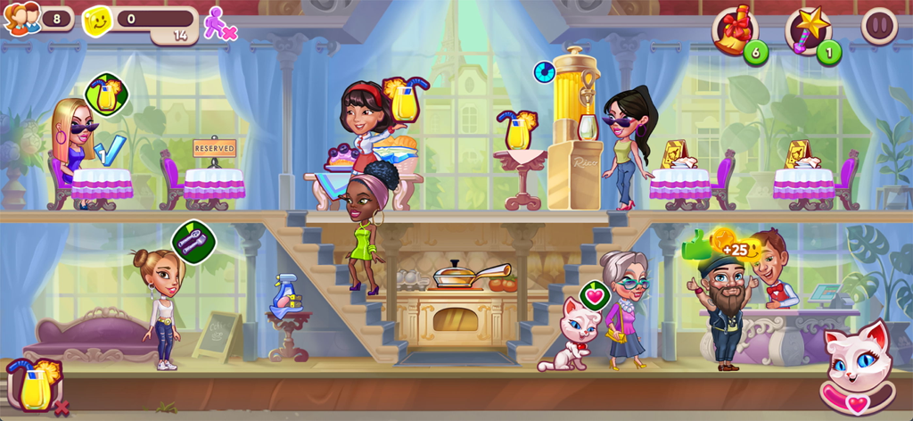 Cafe Dash: Dinner at the Diner - Gameplay scene of a multi-level restaurant with staff serving customers and a white cat in Cafe Dash Dinner at the Diner