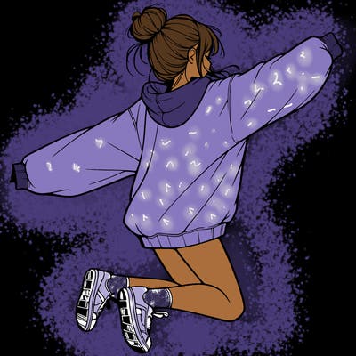 realistic girl jumping with a bun and oversized sweatshirt