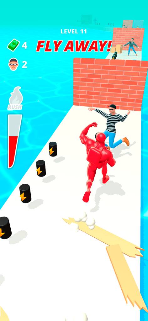 Muscle Rush - Destruction Run - Un personaje rojo musculoso golpeando a un ladrón a rayas fuera de una pista de carreras en Muscle Rush.