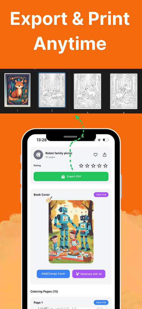 Painty: AI Printable Pages - Interface do aplicativo Painty mostrando o recurso de exportação em PDF para um livro de colorir de piquenique em família de robôs e prévias de páginas para colorir de animais.