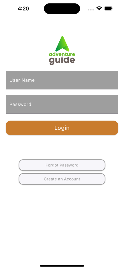 Pantalla de inicio de sesión de Adventure Guide Navigator con campos de nombre de usuario y contraseña
