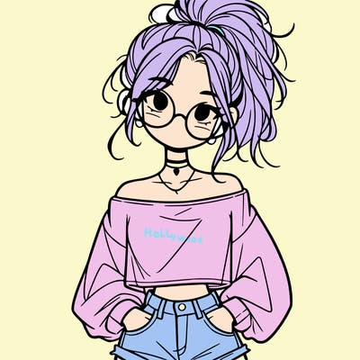 girl with a messy ponytail glasses a baggy crop top and jean shorts