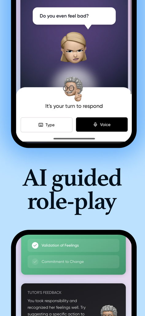 Interface de l'application Communication skills 2025 montrant un jeu de rôle guidé par l'IA avec des commentaires.