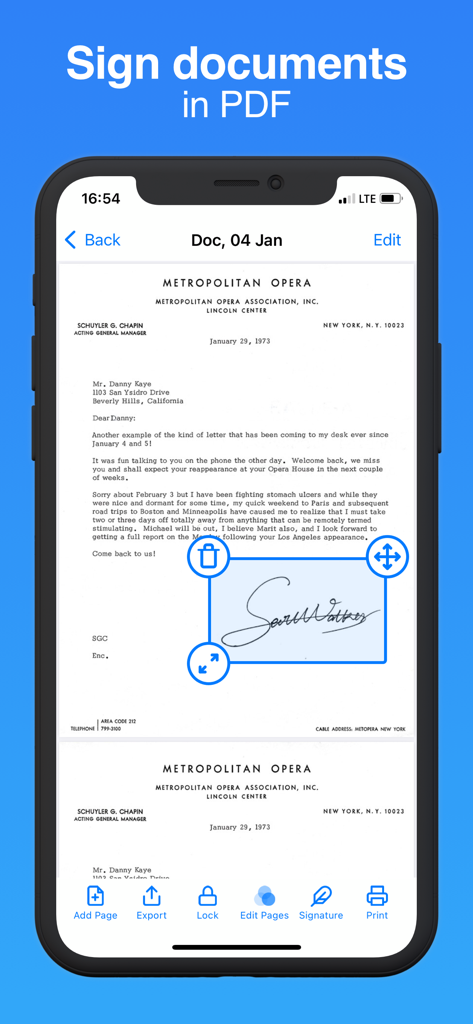 Document Scanner · Scan to PDF - スキャンされたPDFドキュメントにデジタル署名を追加するプロセスを示すモバイルアプリのインターフェイス。