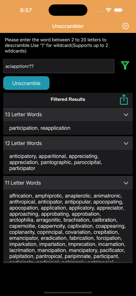 Unscrambler-Word - Unscrambler-Word app screen showing a list of words found from scrambled letters and wildcards