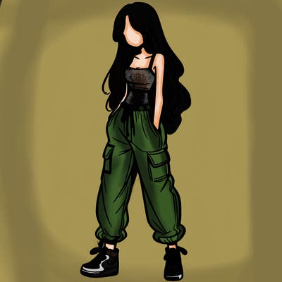 girl in baggy pants crop top and long hair
