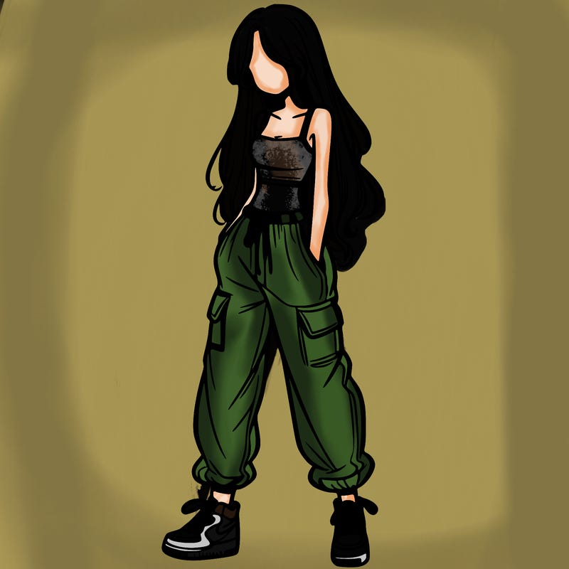 girl in baggy pants crop top and long hair