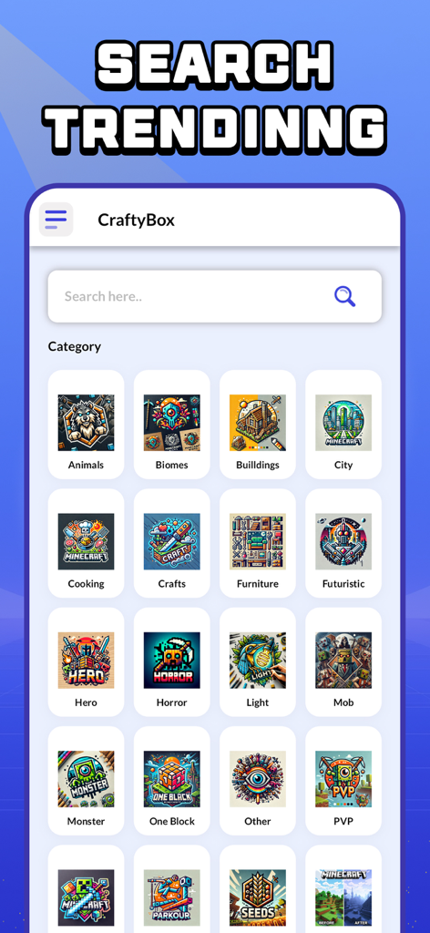 CraftyBox app interface showing trending search categories for Minecraft PE addons