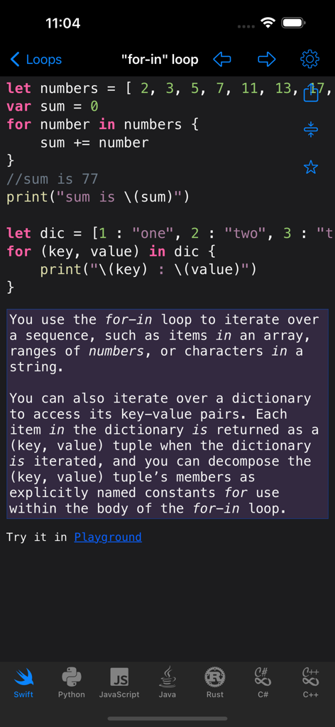 Code Recipes Pro - Swift for-in loop code snippet and explanation in the Code Recipes Pro app interface