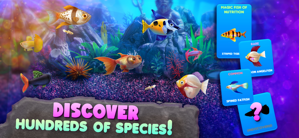 A vibrant virtual aquarium in Fish Tycoon 2 showcasing diverse fish species and collection progress cards.