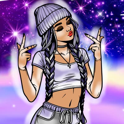 realistic teenage girl with braids and a beanie and crop top doing 🫶🏼