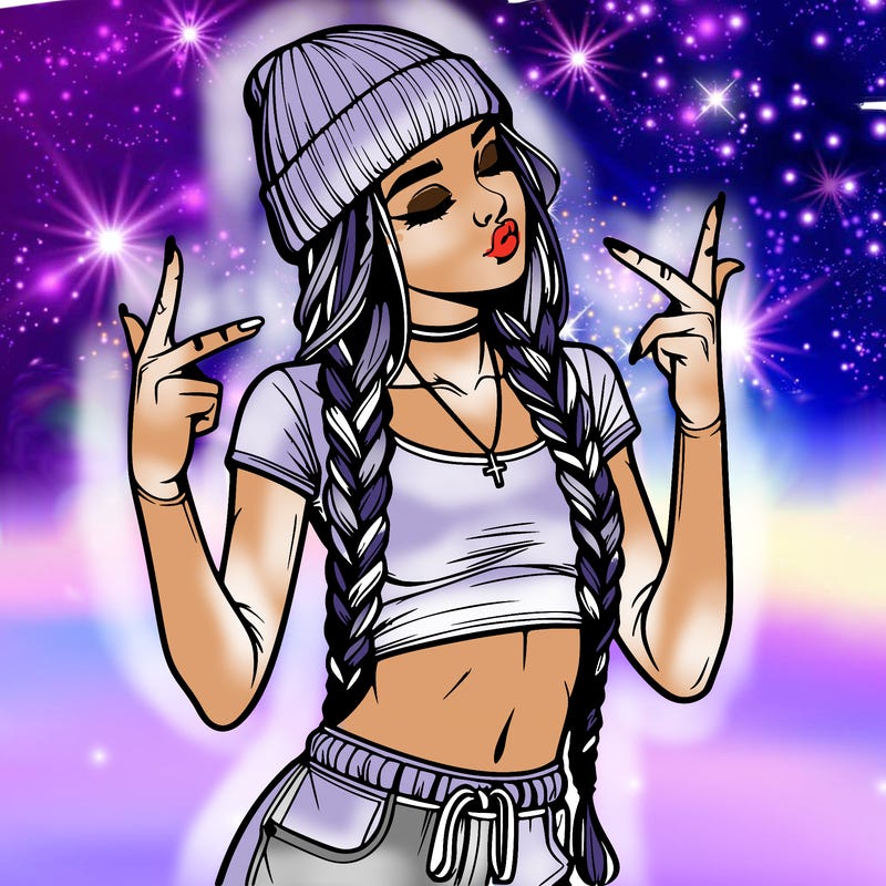 realistic teenage girl with braids and a beanie and crop top doing 🫶🏼