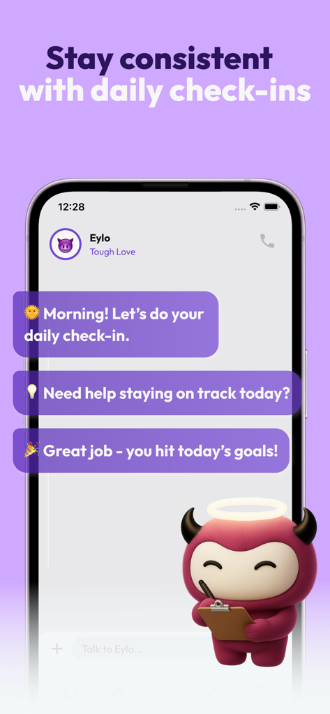 Eylo AI weight loss coach daily check in interface with tough love coaching style