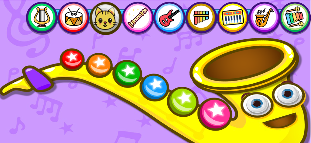 Piano Kids - Music & Songs NEW - Colorful cartoon saxophone with starry buttons in a music app for kids.