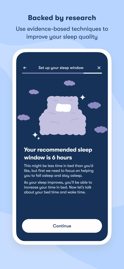 Sleepio 3.0 - Sleepio 3.0 mobile app screen showing a recommended six hour sleep window based on evidence-based techniques