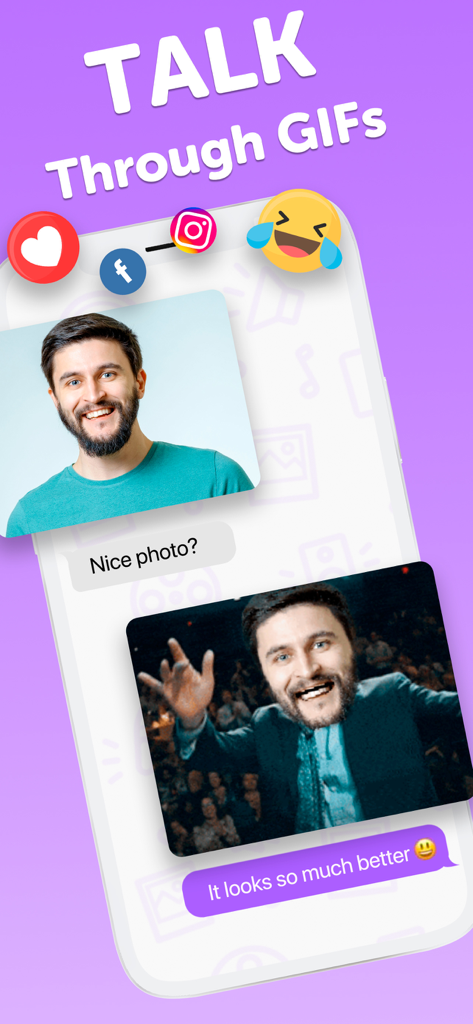 Funny Face Swap Me - GifYou - A messaging interface showing a man's face swapped onto a movie gif with the text talk through gifs