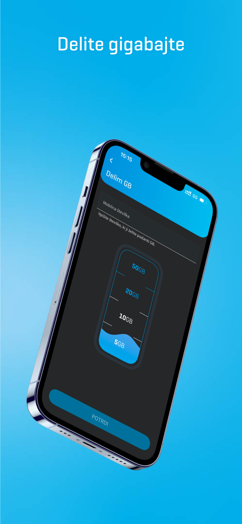 Moj Telekom app screen showing a feature to share mobile data gigabytes with another phone number.