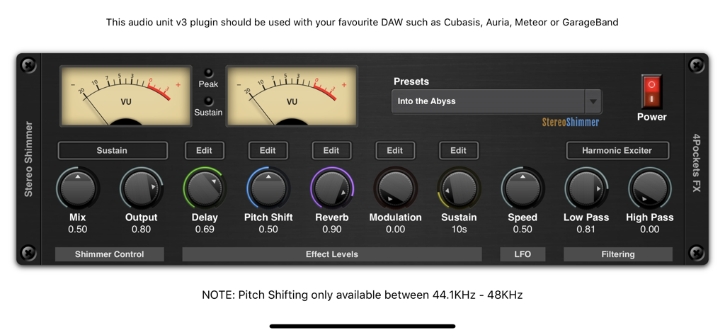 Shimmer AUv3 Audio Plugin - Interface of the Shimmer AUv3 Audio Plugin showing dual VU meters and control knobs for music production