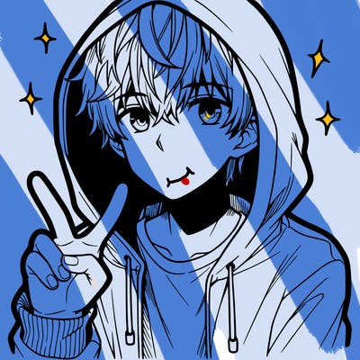 teenage manga boy in a hoodie, doing ✌