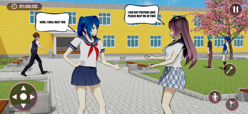 Anime School Girl Simulator - Two anime girls in school uniforms talking in a school courtyard with speech bubbles