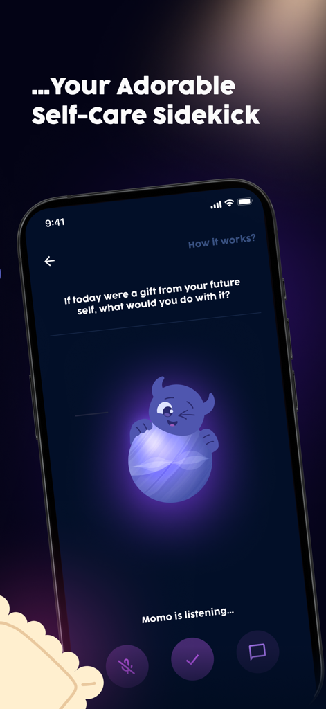 Self-Care Pet: Momo - Gratitude prompt screen in the Self-Care Pet Momo app featuring a cute purple creature.
