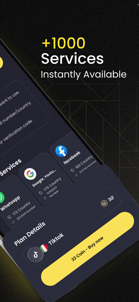 Numsify - Virtual Number - A screenshot of the Numsify app interface displaying over 1000 available services for virtual number verification including WhatsApp Facebook and TikTok.