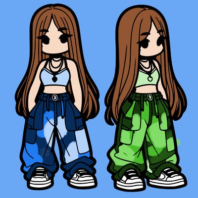 girl in baggy pants crop top and long hair