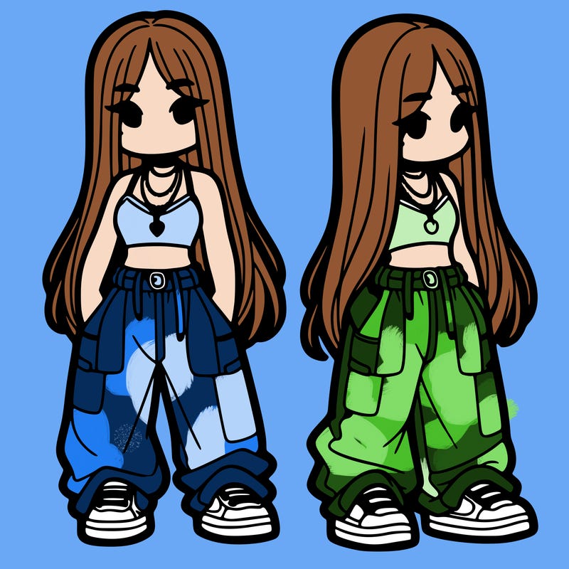 girl in baggy pants crop top and long hair