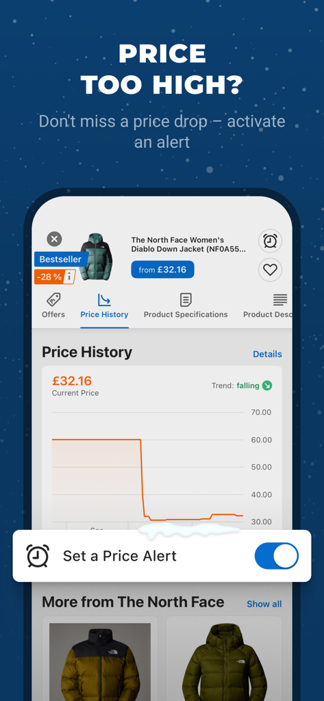 Eine mobile Oberfläche der idealo App, die eine Preisverlaufsgrafik und einen Schalter zum Einstellen eines Preisalarms für eine Jacke anzeigt