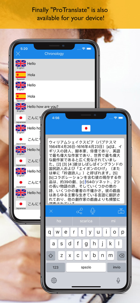 Aplicación ProTranslate que muestra el historial de traducción y la entrada de texto en japonés en pantallas móviles