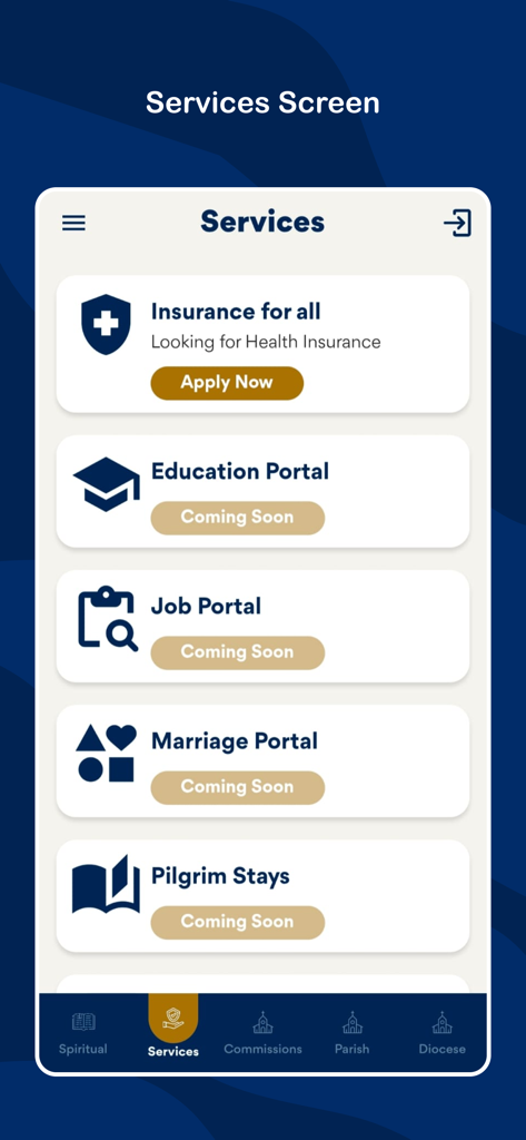 Catholic Connect - Catholic Connect app services screen displaying portals for insurance, education, jobs, and marriage.