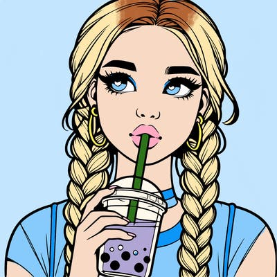 realistic girl with braided hair drinking boba