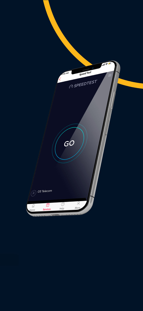 FTTH - Écran de test de débit de l'application FTTH montrant le bouton Go pour vérifier les performances internet