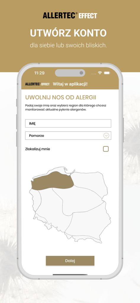 Allertec Effect - Allertec Effect mobile app onboarding screen with a map of Poland to select regional allergen monitoring