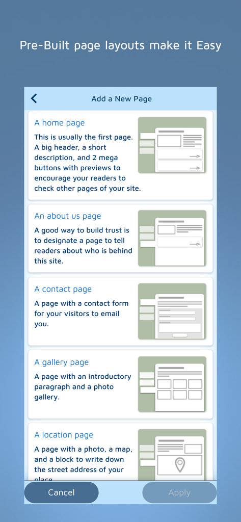 FreeSite – Website Maker - FreeSite mobile app interface displaying pre-built website page layouts for home about us contact gallery and location pages