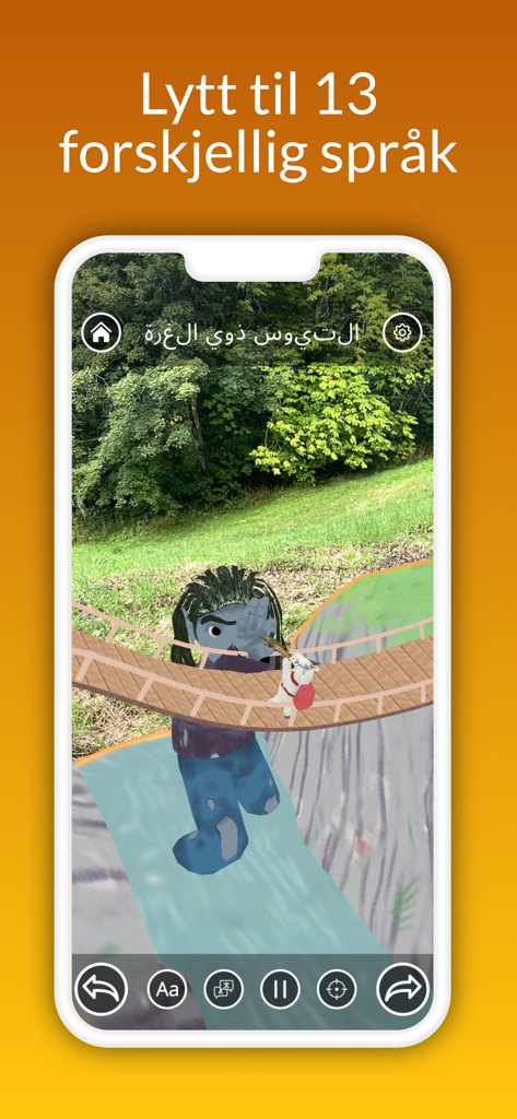 AR Eventyr - Augmented reality fairytale scene showing a troll and a goat on a bridge with Arabic and Norwegian text.