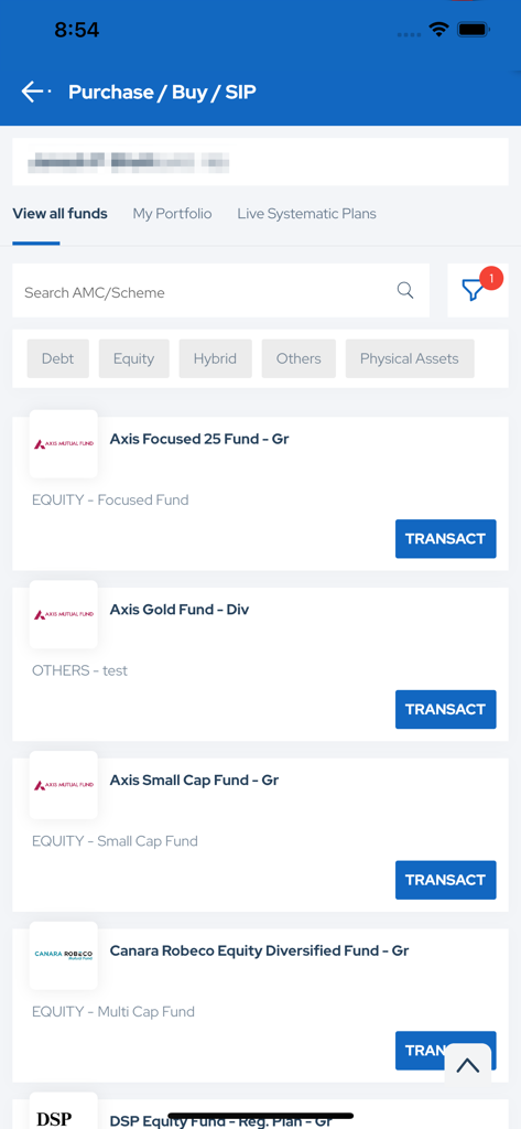 NJ  E-Wealth Account - NJ E-Wealth 계정 앱 인터페이스, 거래 버튼과 함께 뮤추얼 펀드 목록 및 SIP 옵션 표시