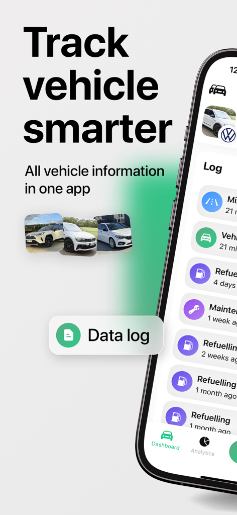 AutoIQ: Сar maintenance log - Interfaz de la aplicación AutoIQ que muestra registros de datos del vehículo para mantenimiento, repostaje y análisis en un iPhone