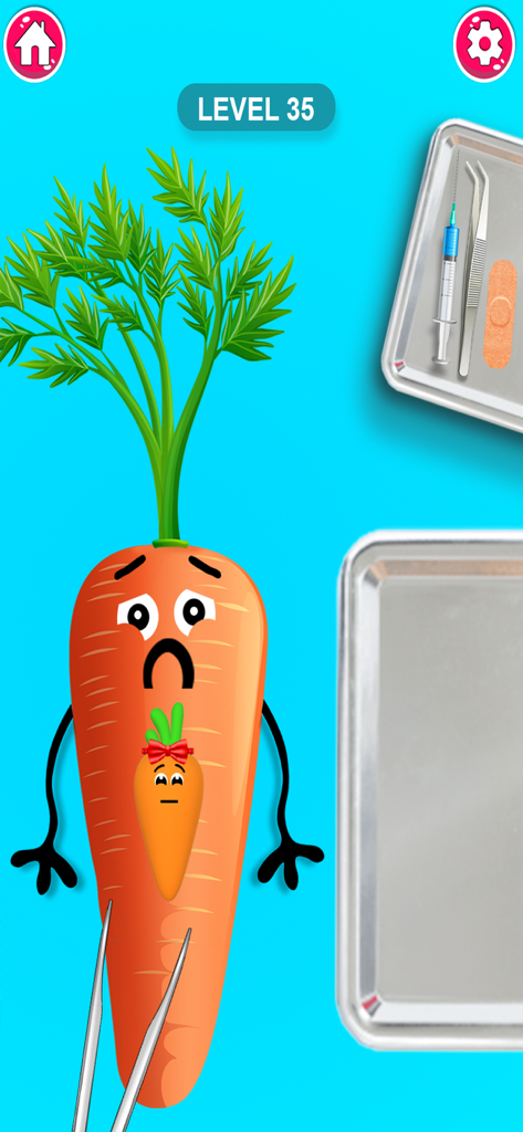 Fruit Surgeon Doctor Hospital - A cartoon carrot patient with a baby carrot inside appearing in a surgery level of the Fruit Surgeon Doctor Hospital game