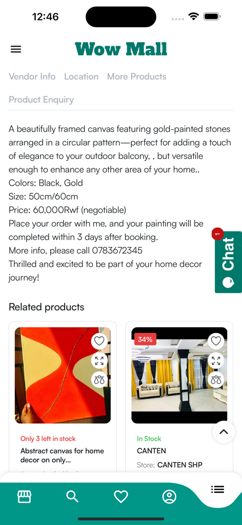 Wow_Mall - Wow Mall mobile app showing the product details and price for a local Rwandan home decor canvas art