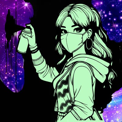 realistic girl with mask spray painting a wall