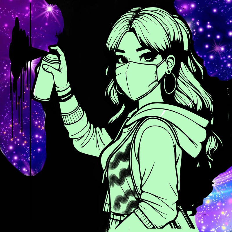 realistic girl with mask spray painting a wall