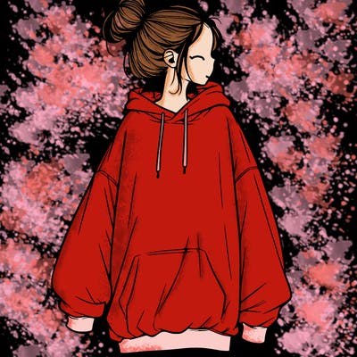 realistic girl with a oversized sweatshirt on and a bun
